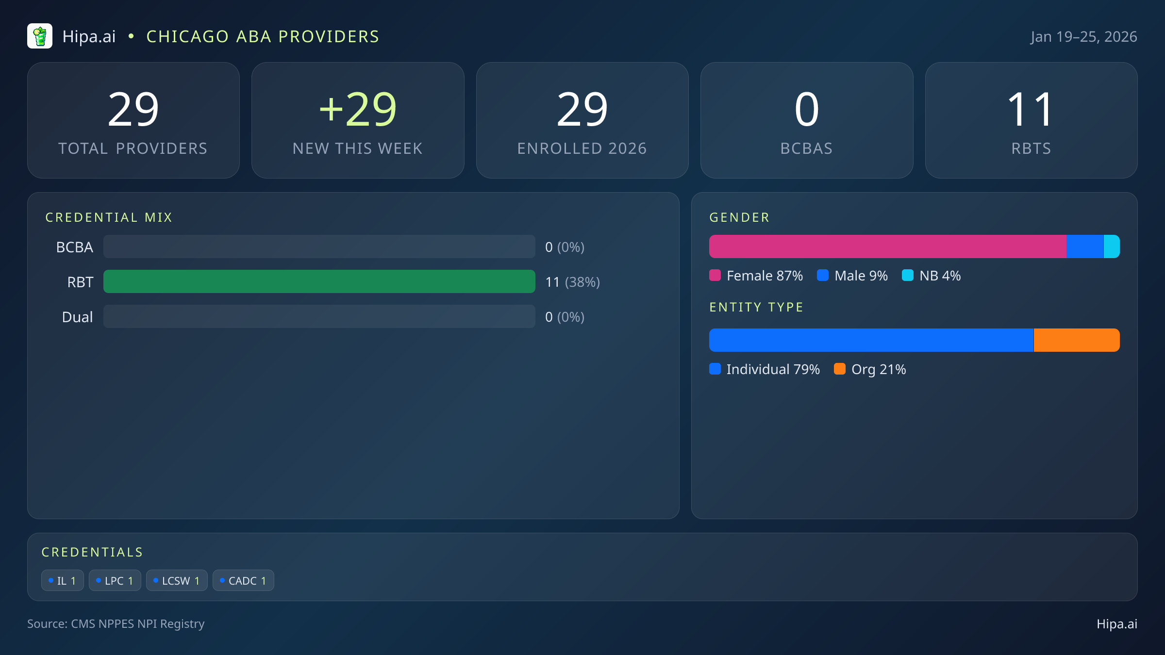 Chicago, IL Behavioral Health Workforce - 2026-W04 | 29 Providers — infographic showing key NPI registry statistics for behavioral health providers
