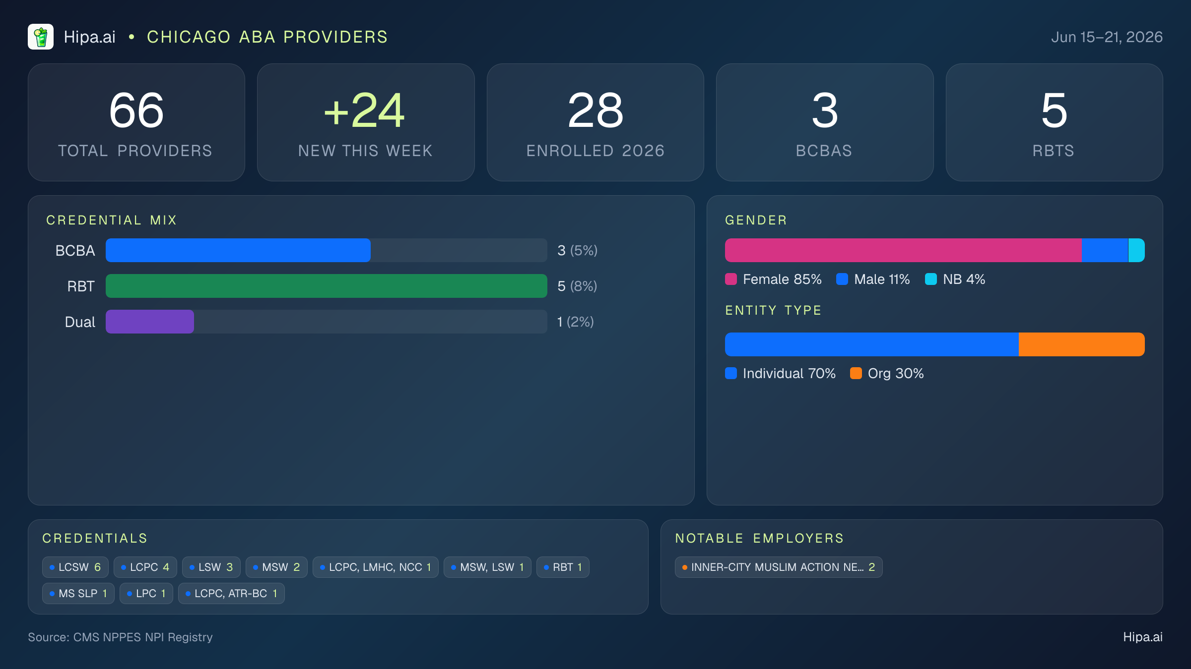 Chicago, IL Behavioral Health Workforce - 2026-W25 | 66 Providers — infographic showing key NPI registry statistics for behavioral health providers