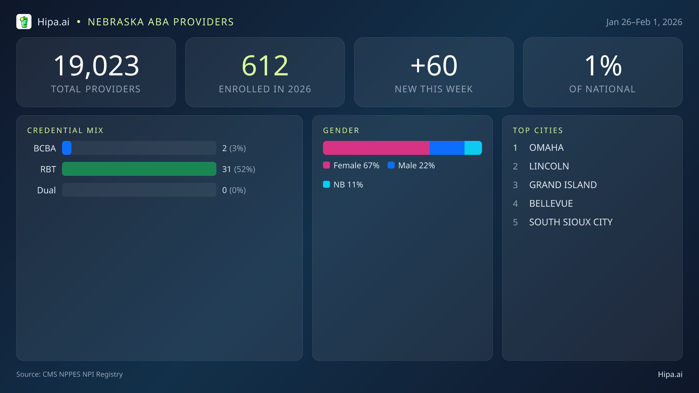 Nebraska Behavioral Health Workforce Report for February 2026 (Jan 26–Feb 1) | 60 Registered Providers — infographic showing key NPI registry statistics for behavioral health providers