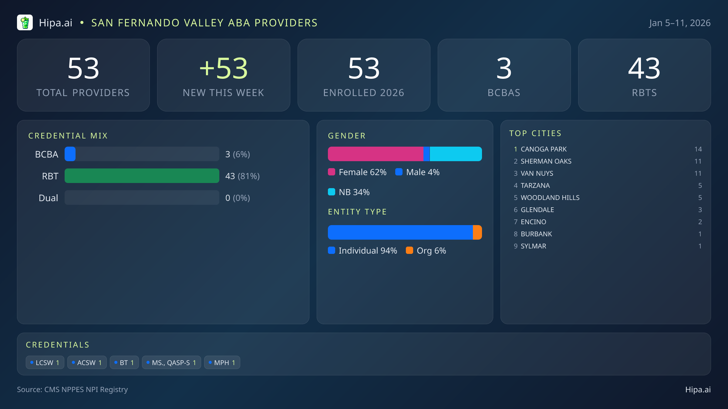 San Fernando Valley Behavioral Health Workforce - 2026-W02 | 53 Providers — infographic showing key NPI registry statistics for behavioral health providers