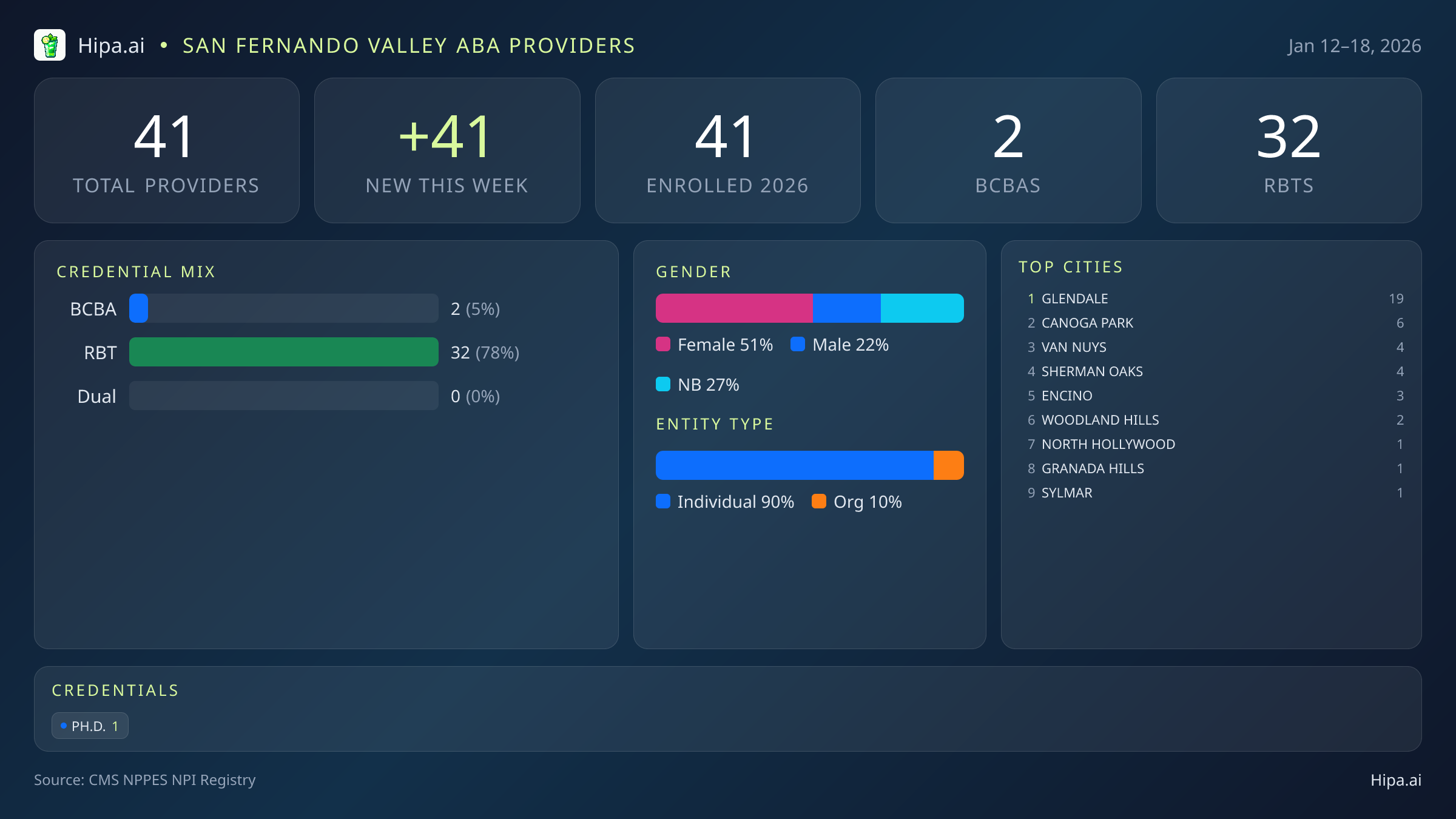 San Fernando Valley Behavioral Health Workforce - 2026-W03 | 41 Providers — infographic showing key NPI registry statistics for behavioral health providers