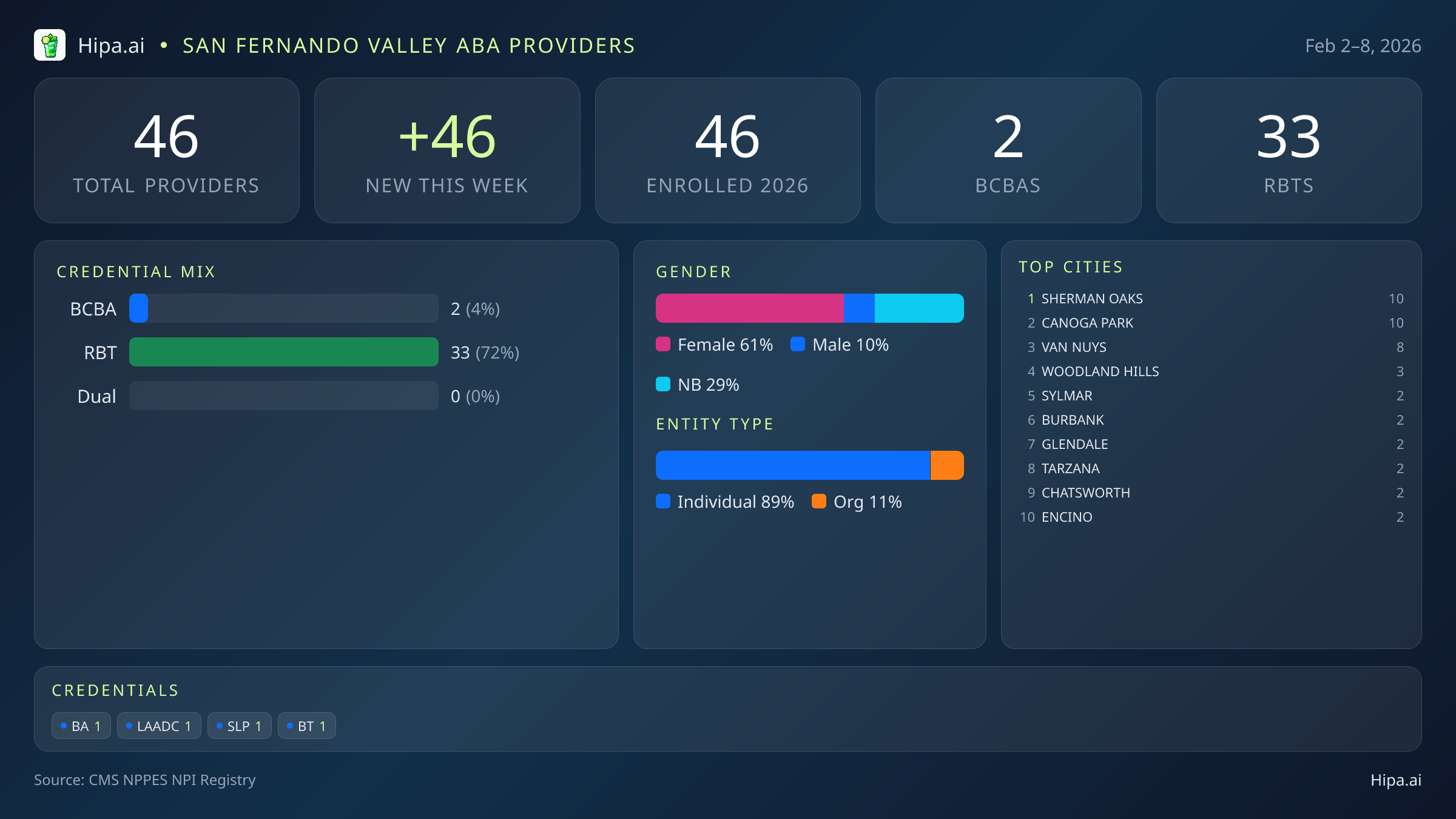San Fernando Valley Behavioral Health Workforce - 2026-W06 | 46 Providers — infographic showing key NPI registry statistics for behavioral health providers