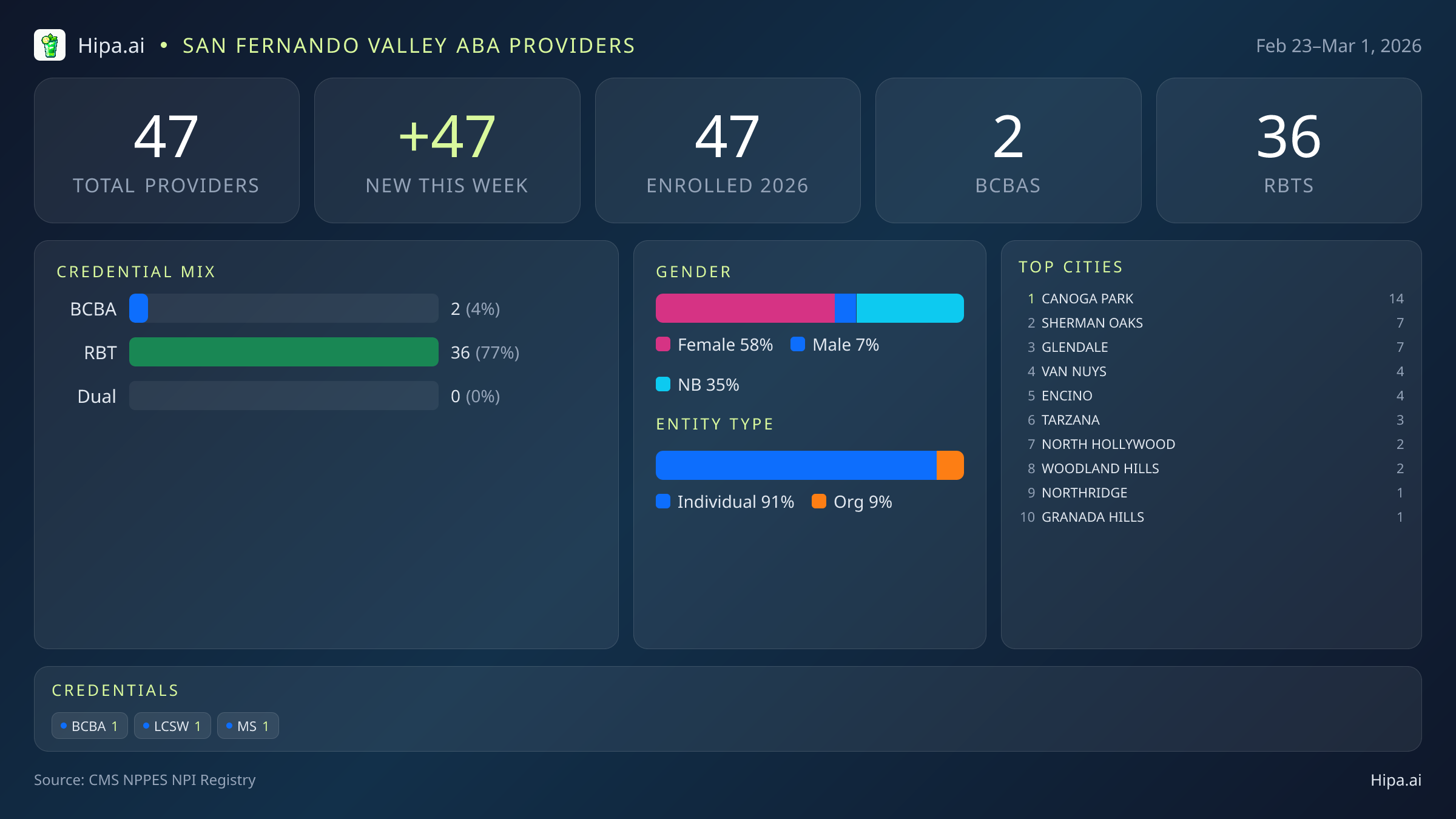 San Fernando Valley Behavioral Health Workforce - 2026-W09 | 47 Providers — infographic showing key NPI registry statistics for behavioral health providers