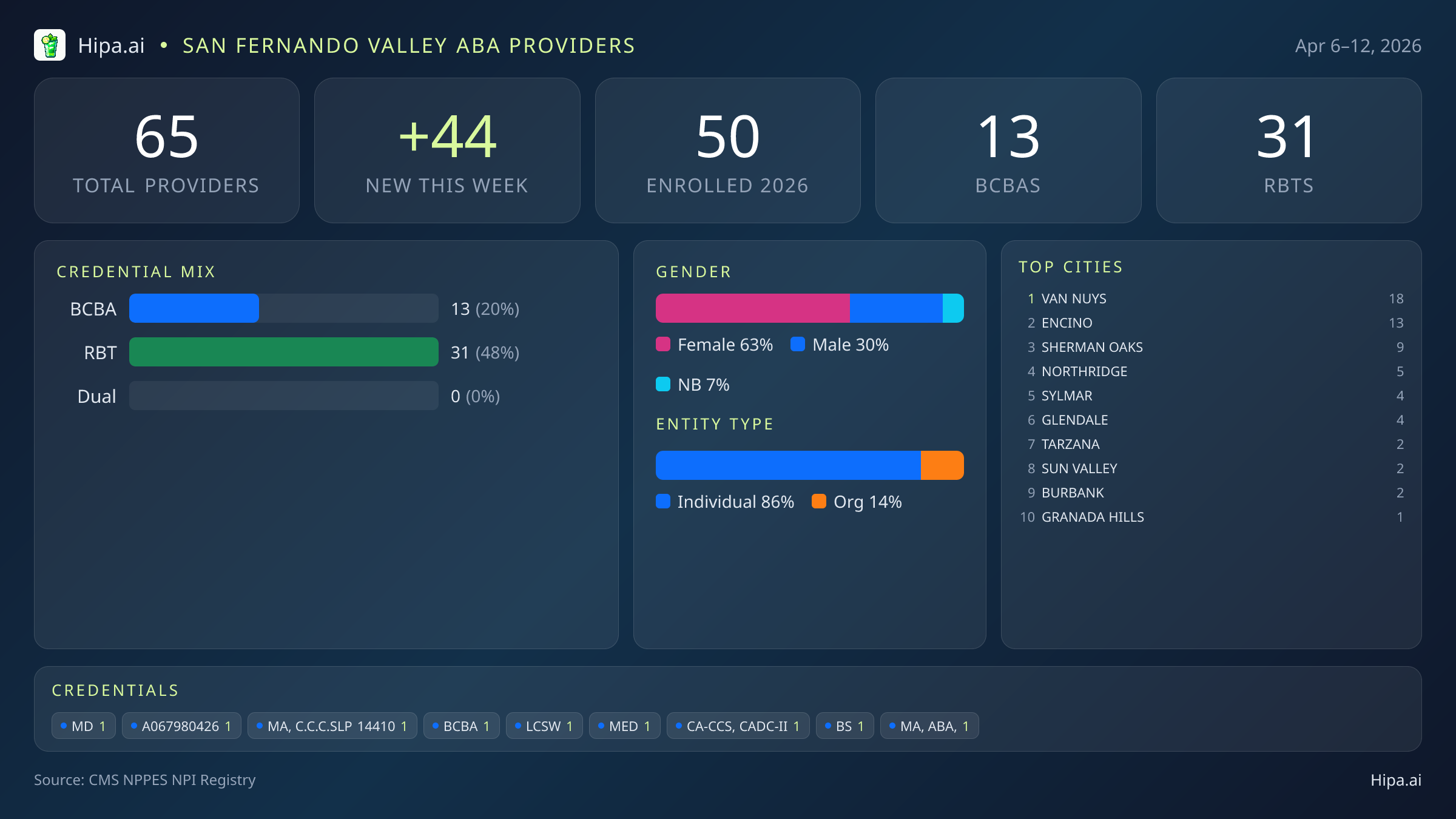 San Fernando Valley Behavioral Health Workforce - 2026-W15 | 65 Providers — infographic showing key NPI registry statistics for behavioral health providers
