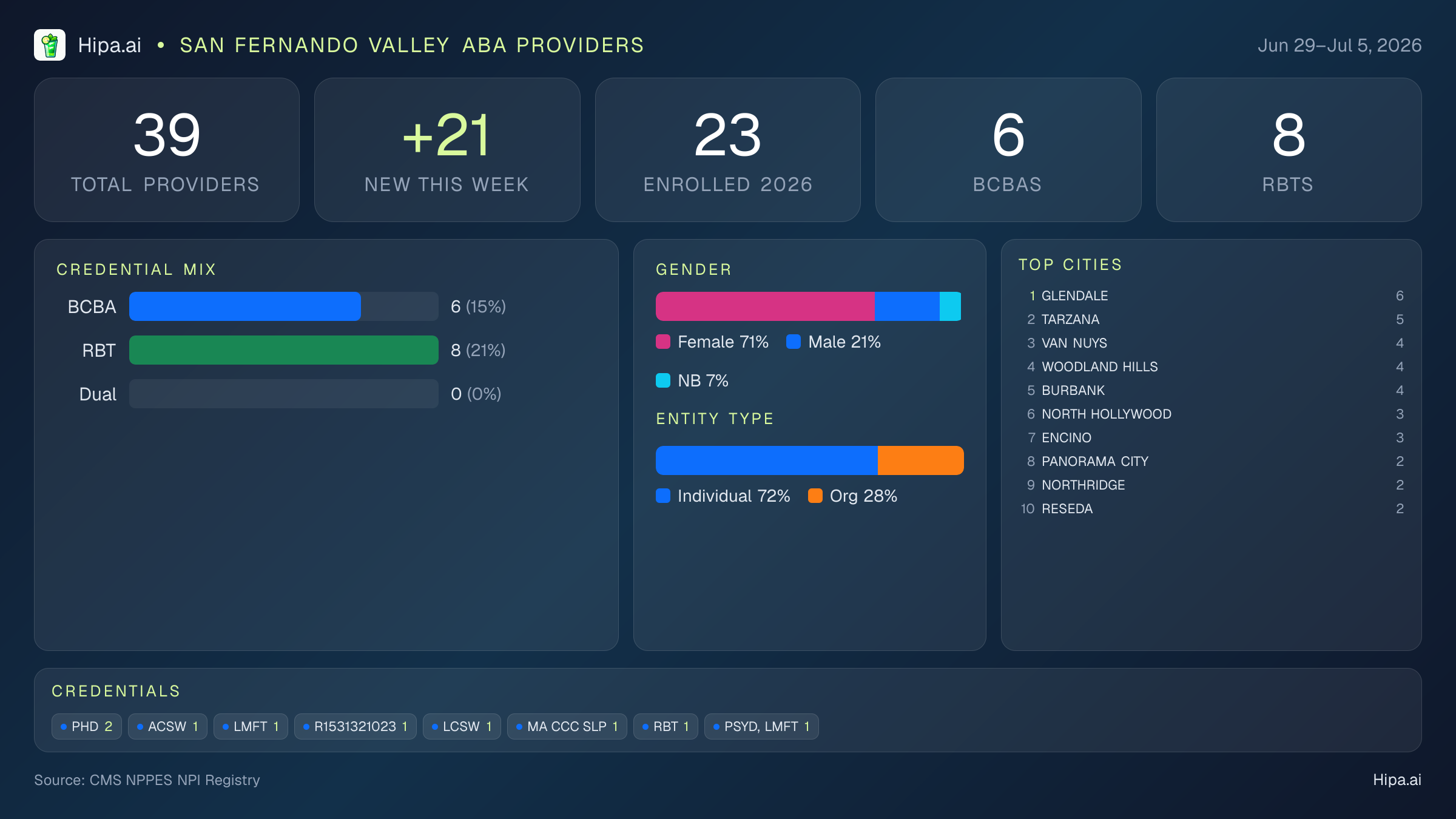 San Fernando Valley Behavioral Health Workforce - 2026-W27 | 39 Providers — infographic showing key NPI registry statistics for behavioral health providers