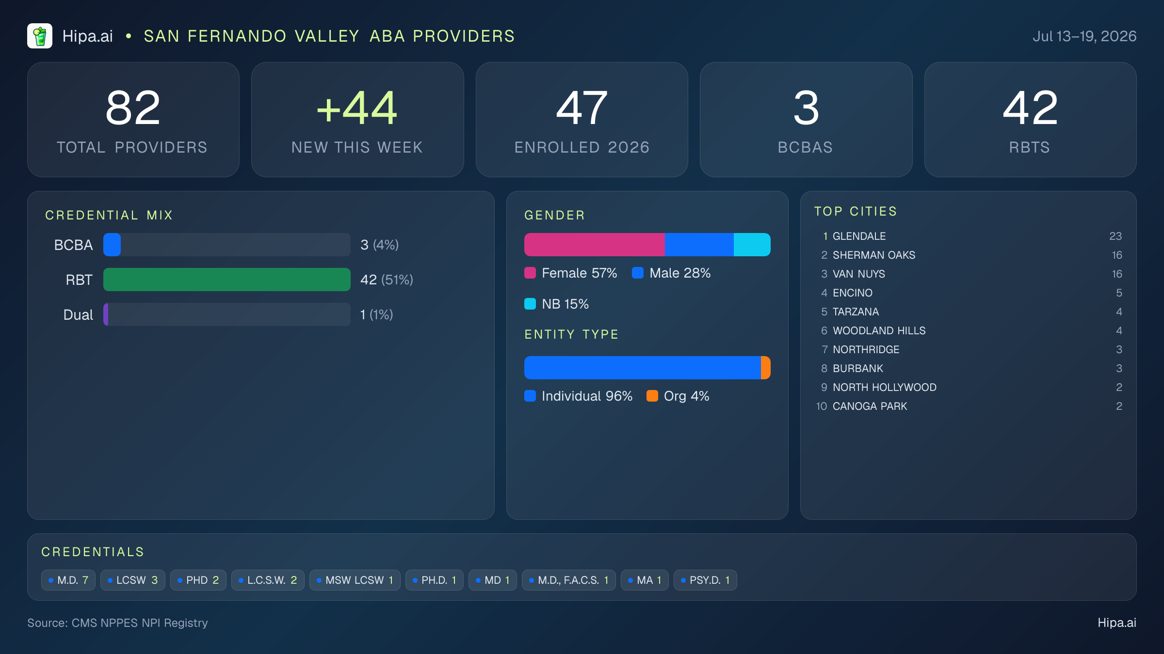 San Fernando Valley Behavioral Health Workforce - 2026-W29 | 82 Providers — infographic showing key NPI registry statistics for behavioral health providers
