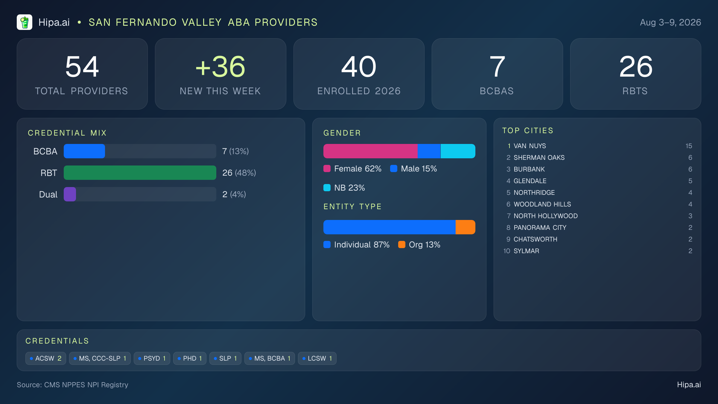 San Fernando Valley Behavioral Health Workforce - 2026-W32 | 54 Providers — infographic showing key NPI registry statistics for behavioral health providers