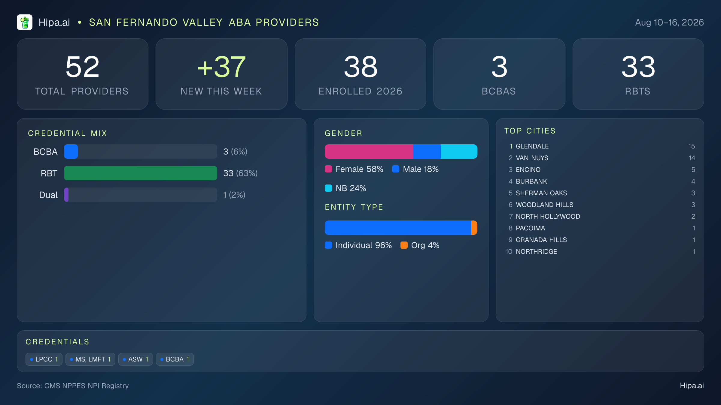San Fernando Valley Behavioral Health Workforce - 2026-W33 | 52 Providers — infographic showing key NPI registry statistics for behavioral health providers