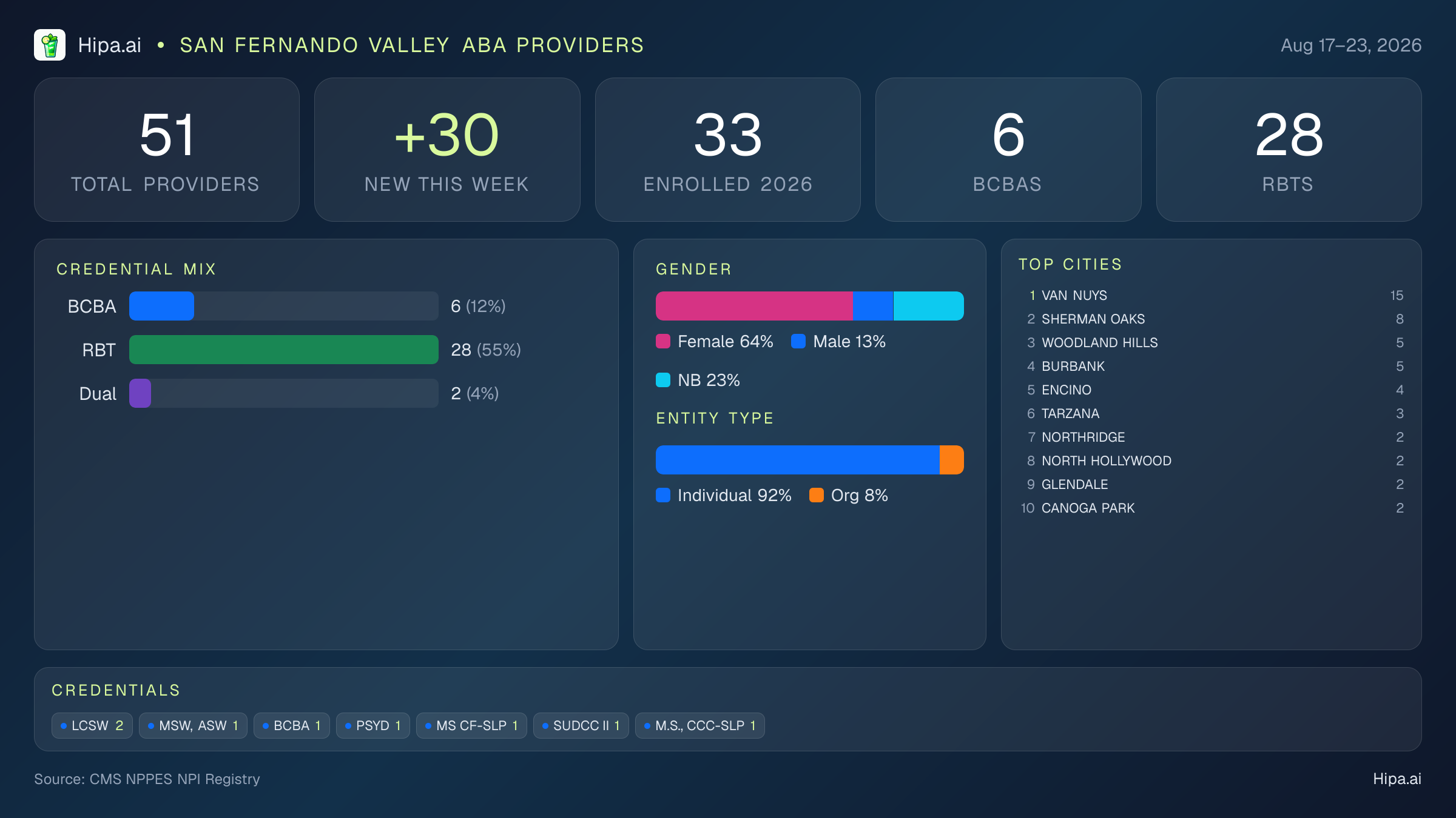 San Fernando Valley Behavioral Health Workforce - 2026-W34 | 51 Providers — infographic showing key NPI registry statistics for behavioral health providers