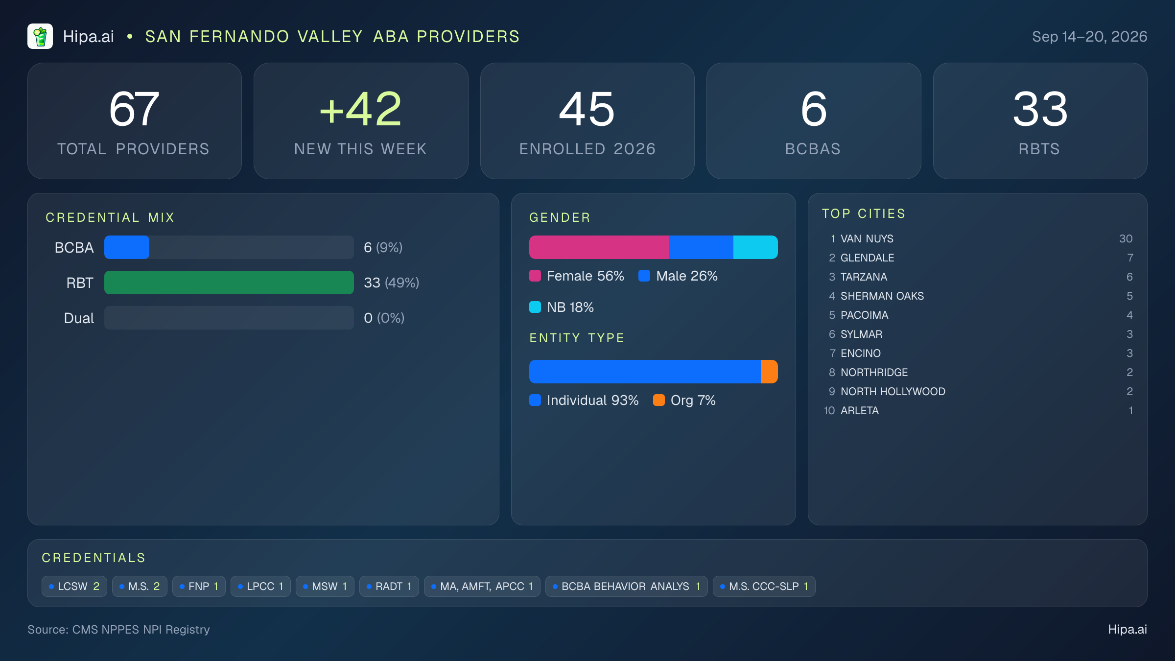 San Fernando Valley Behavioral Health Workforce - 2026-W38 | 67 Providers — infographic showing key NPI registry statistics for behavioral health providers