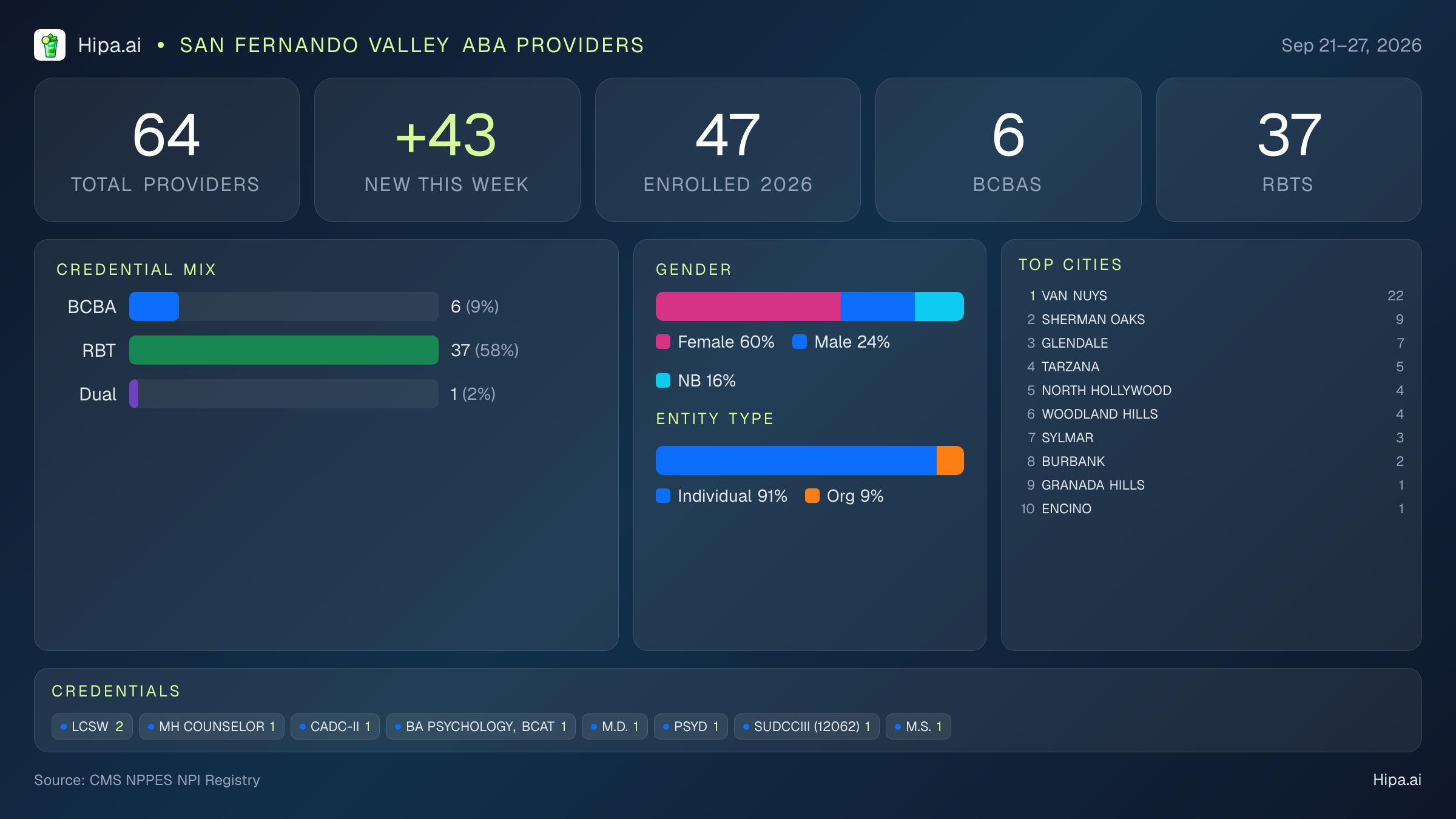 San Fernando Valley Behavioral Health Workforce - 2026-W39 | 64 Providers — infographic showing key NPI registry statistics for behavioral health providers