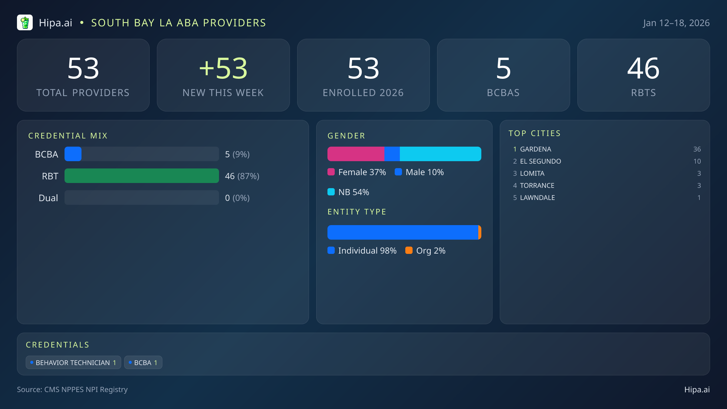 South Bay LA Behavioral Health Workforce - 2026-W03 | 53 Providers — infographic showing key NPI registry statistics for behavioral health providers