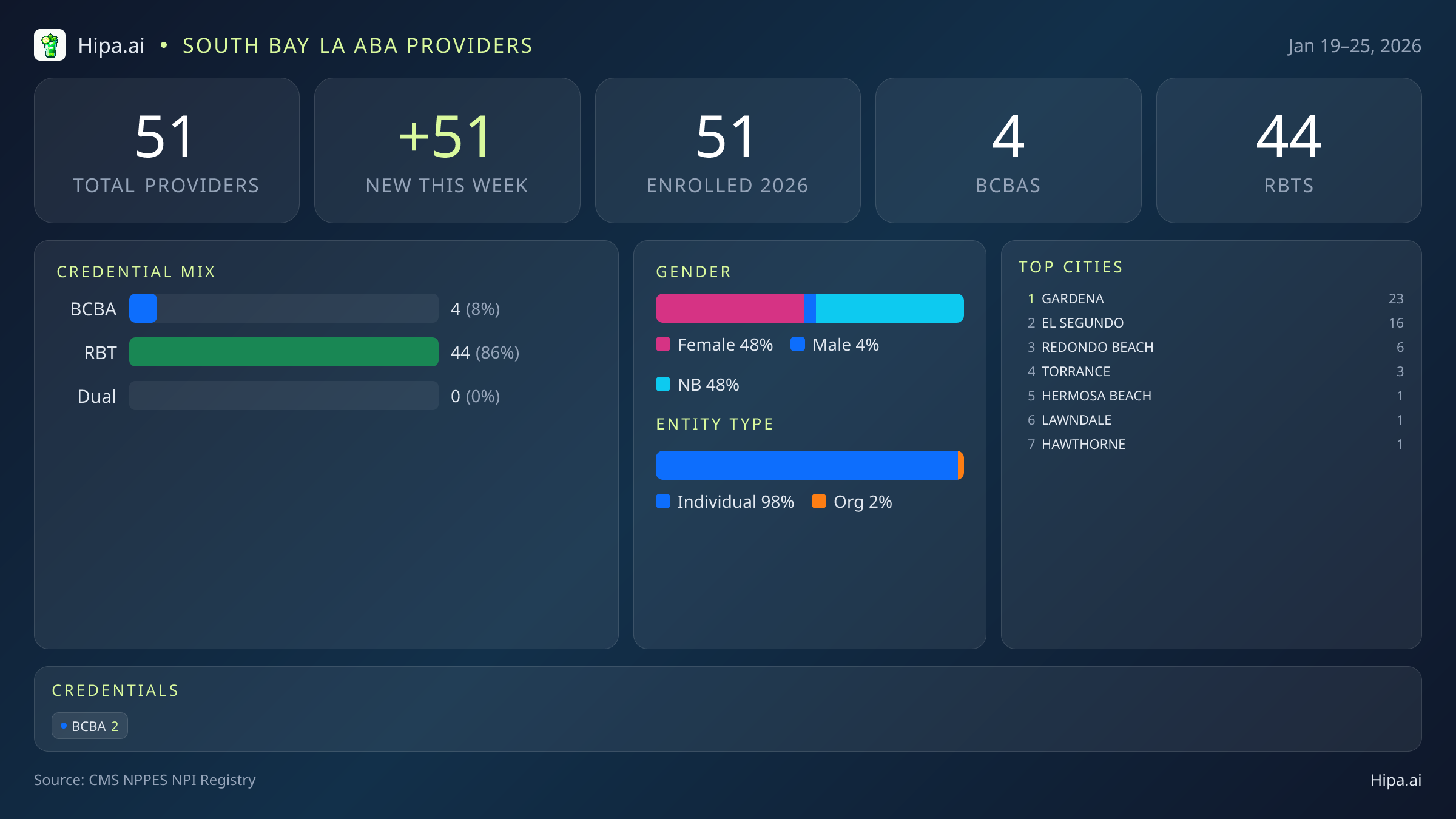 South Bay LA Behavioral Health Workforce - 2026-W04 | 51 Providers — infographic showing key NPI registry statistics for behavioral health providers