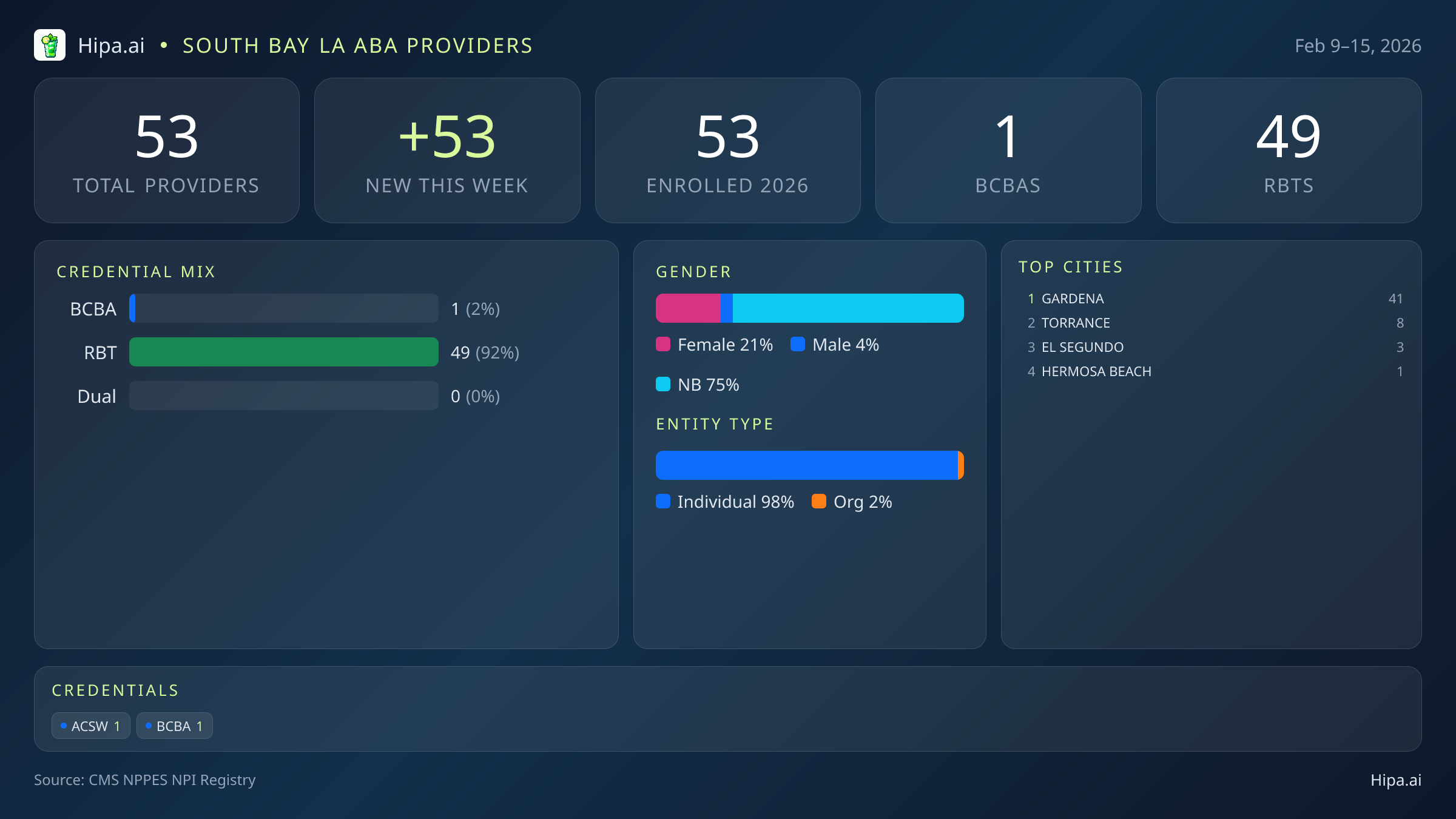 South Bay LA Behavioral Health Workforce - 2026-W07 | 53 Providers — infographic showing key NPI registry statistics for behavioral health providers