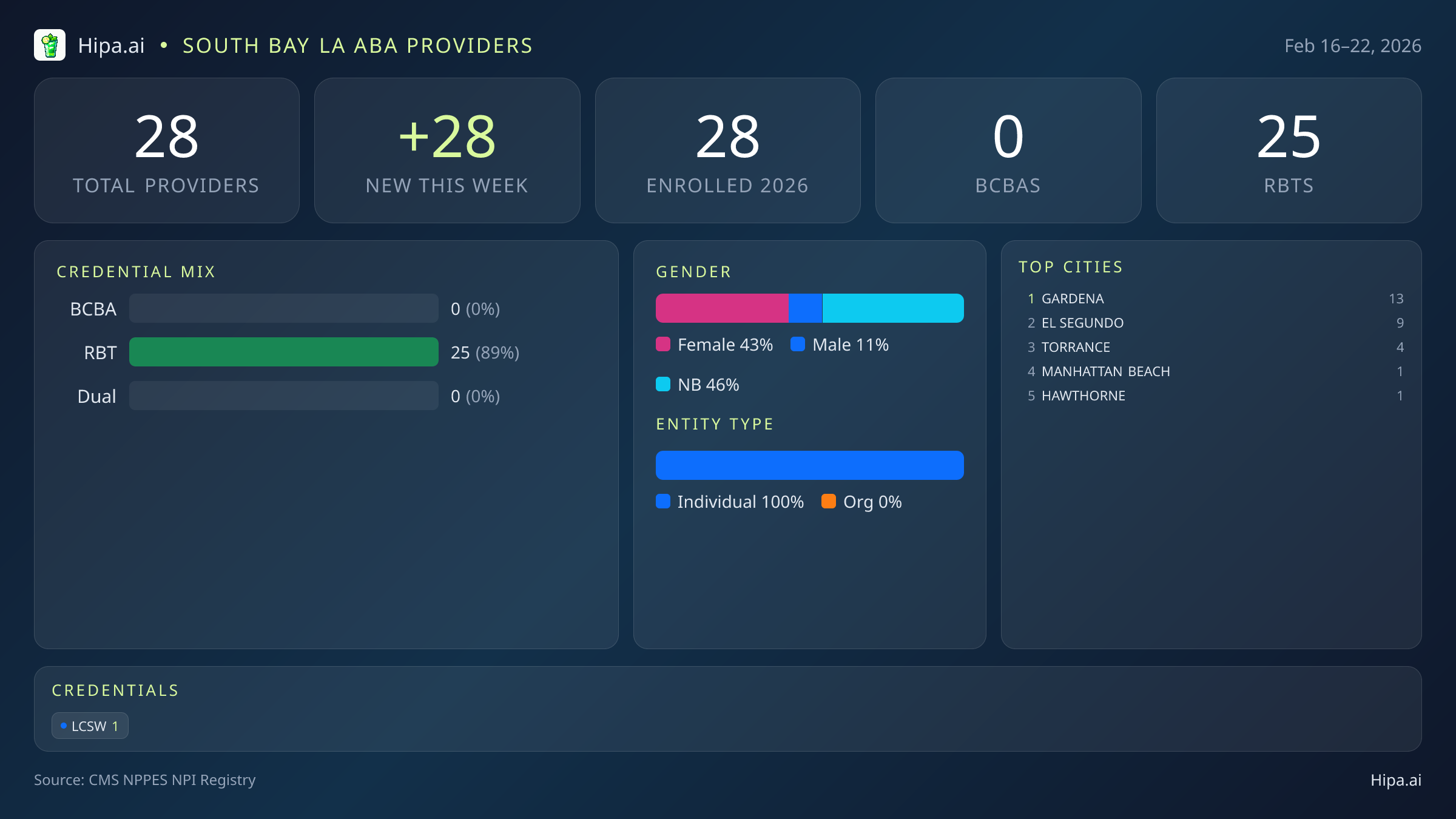 South Bay LA Behavioral Health Workforce - 2026-W08 | 28 Providers — infographic showing key NPI registry statistics for behavioral health providers