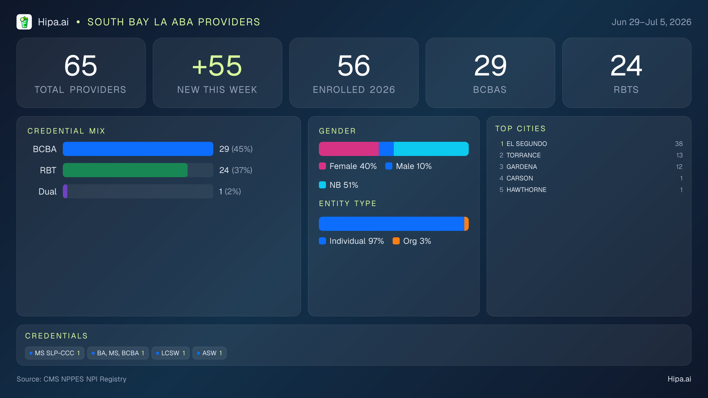 South Bay LA Behavioral Health Workforce - 2026-W27 | 65 Providers — infographic showing key NPI registry statistics for behavioral health providers