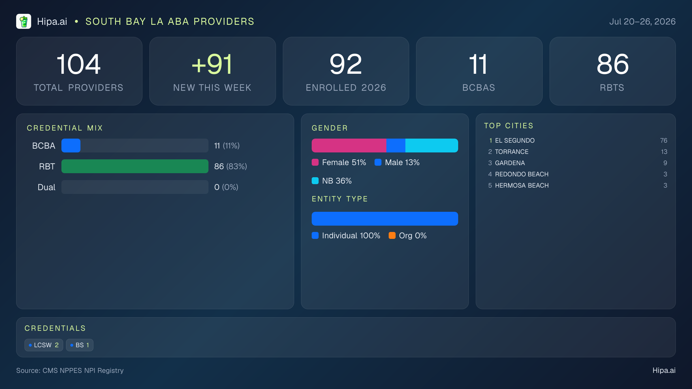 South Bay LA Behavioral Health Workforce - 2026-W30 | 104 Providers — infographic showing key NPI registry statistics for behavioral health providers