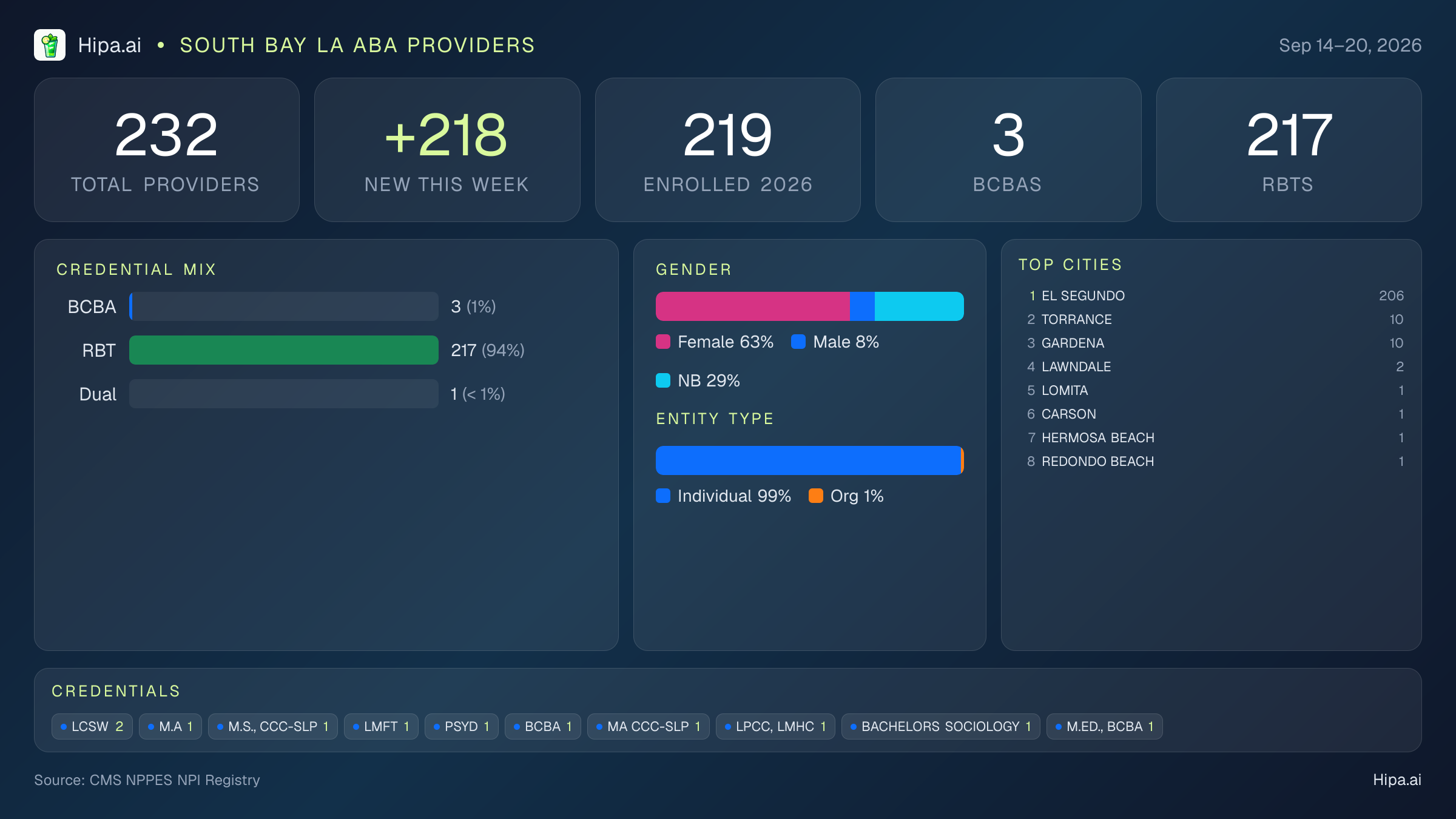 South Bay LA Behavioral Health Workforce - 2026-W38 | 232 Providers — infographic showing key NPI registry statistics for behavioral health providers
