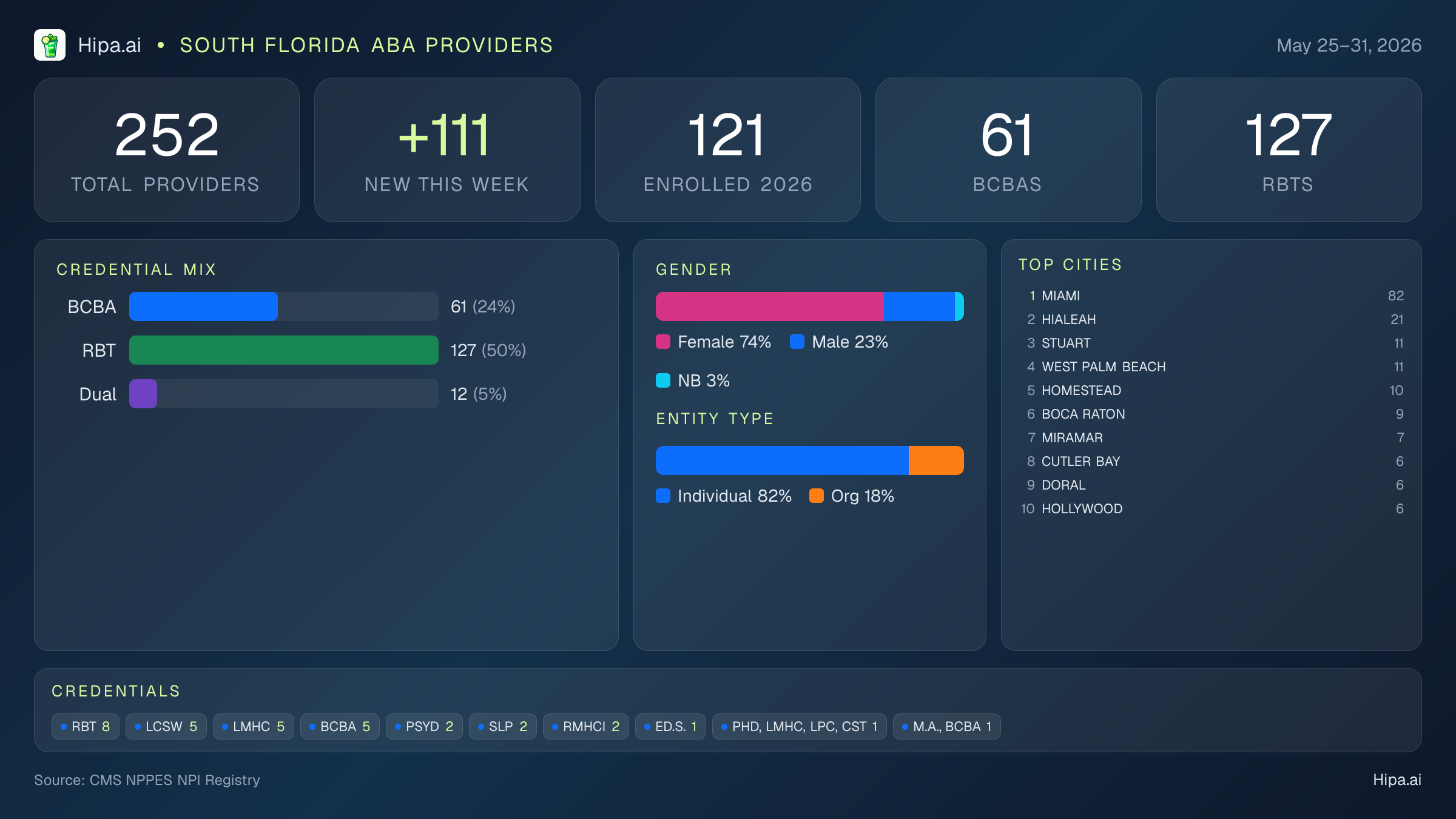 South Florida Behavioral Health Workforce - 2026-W22 | 252 Providers — infographic showing key NPI registry statistics for behavioral health providers