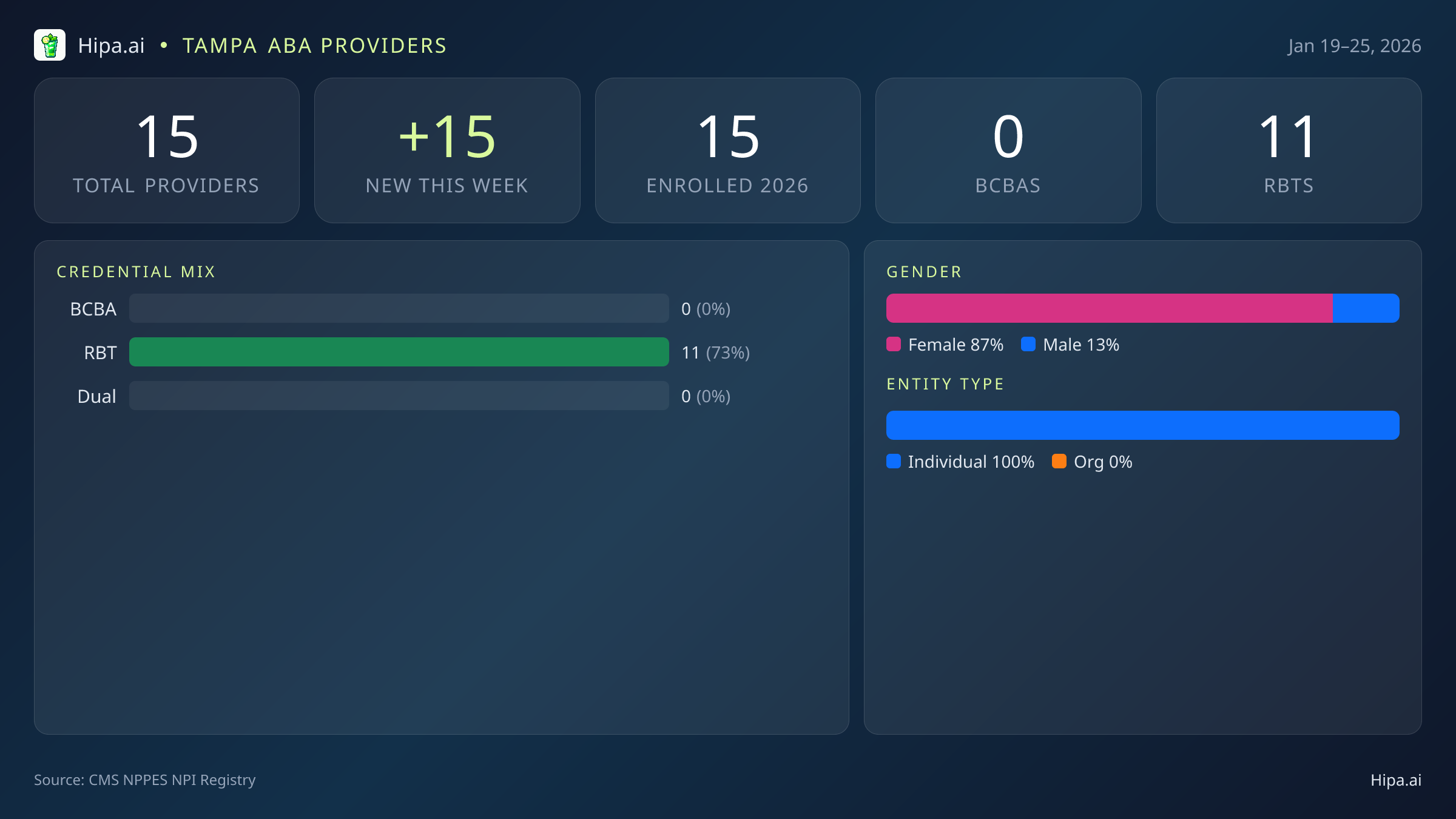 Tampa, FL Behavioral Health Workforce - 2026-W04 | 15 Providers — infographic showing key NPI registry statistics for behavioral health providers