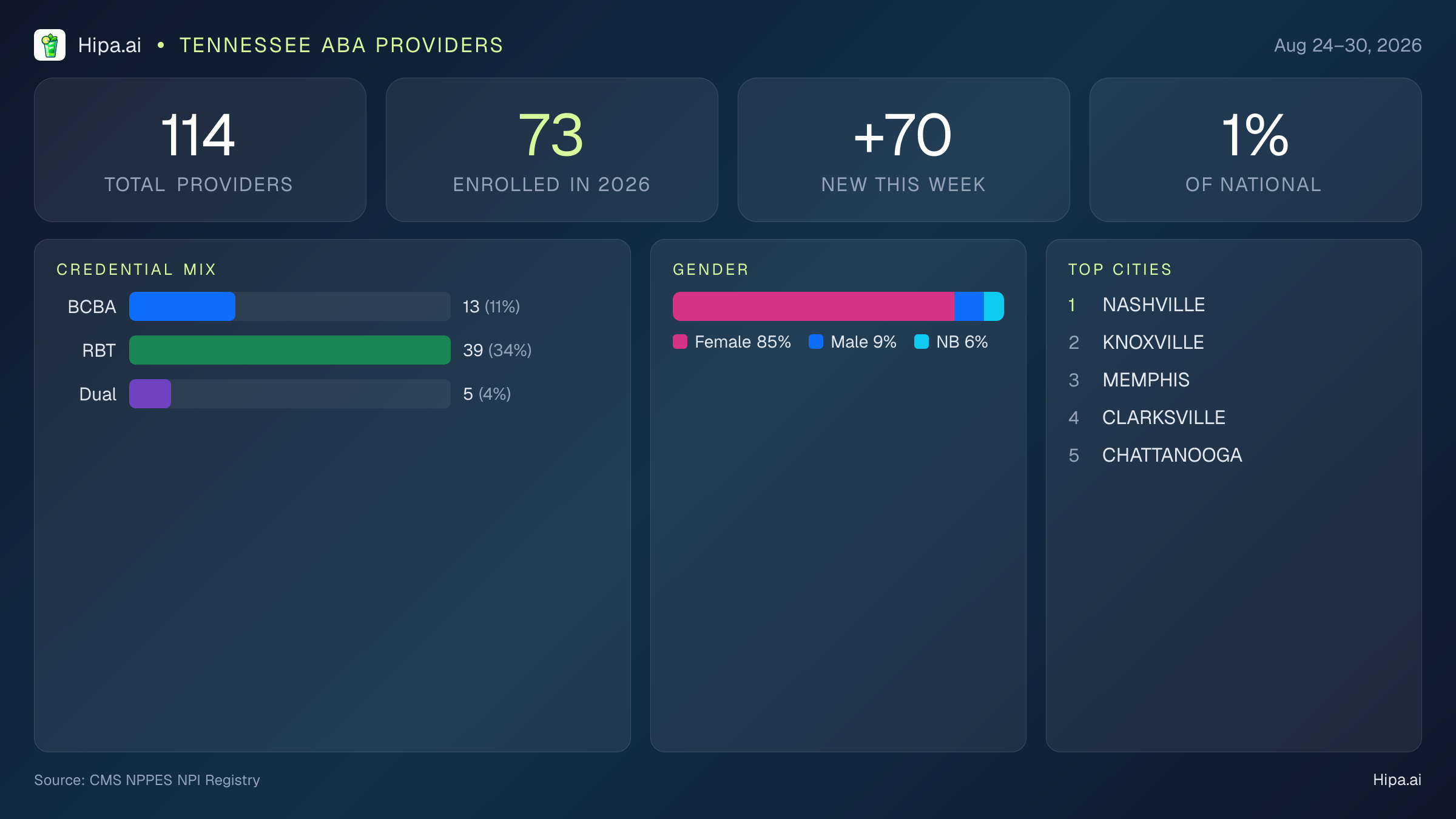 Tennessee Behavioral Health Workforce Report for August 2026 (Aug 24–30) | 114 Registered Providers — infographic showing key NPI registry statistics for behavioral health providers
