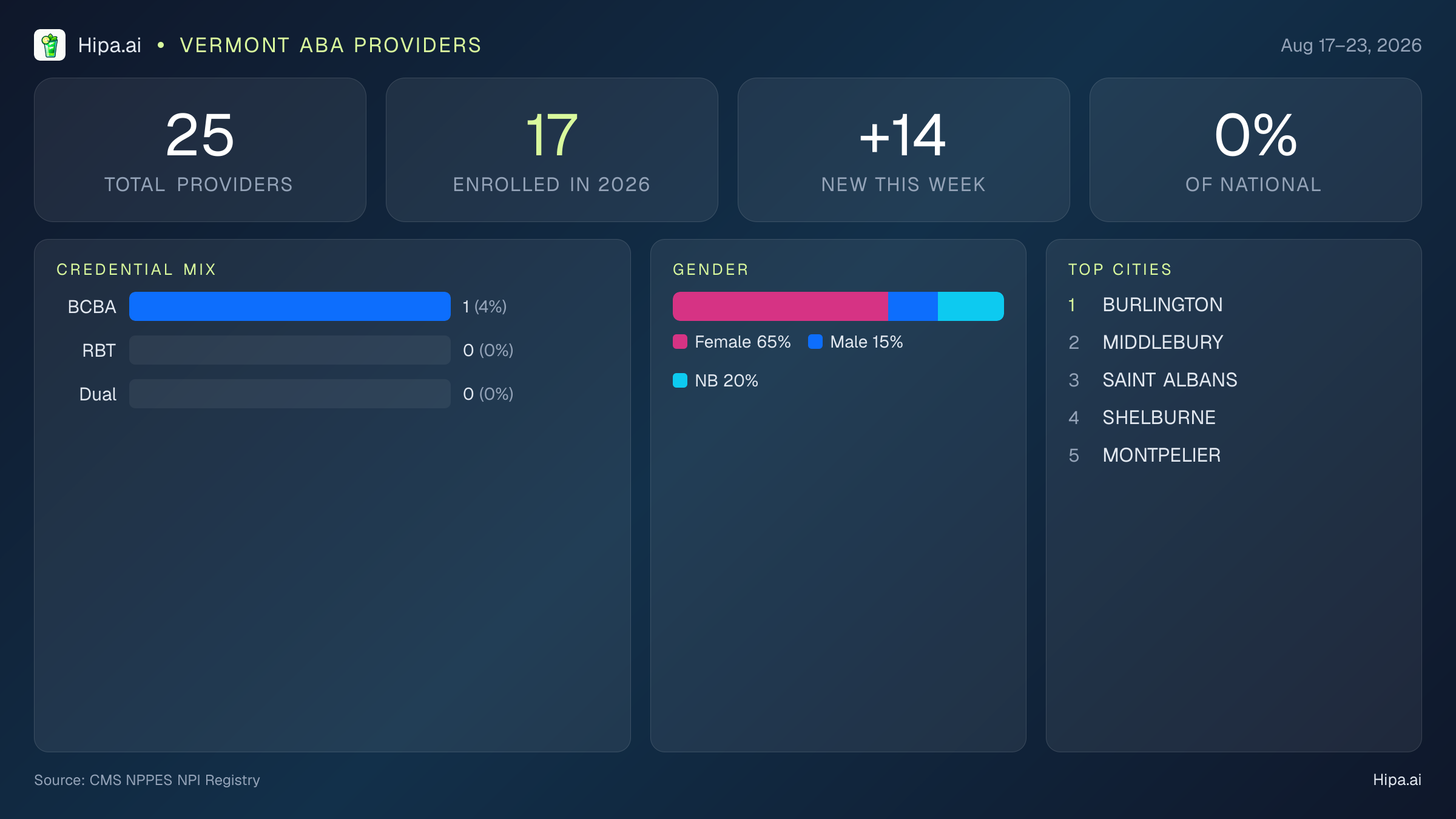 Vermont Behavioral Health Workforce Report for August 2026 (Aug 17–23) | 25 Registered Providers — infographic showing key NPI registry statistics for behavioral health providers